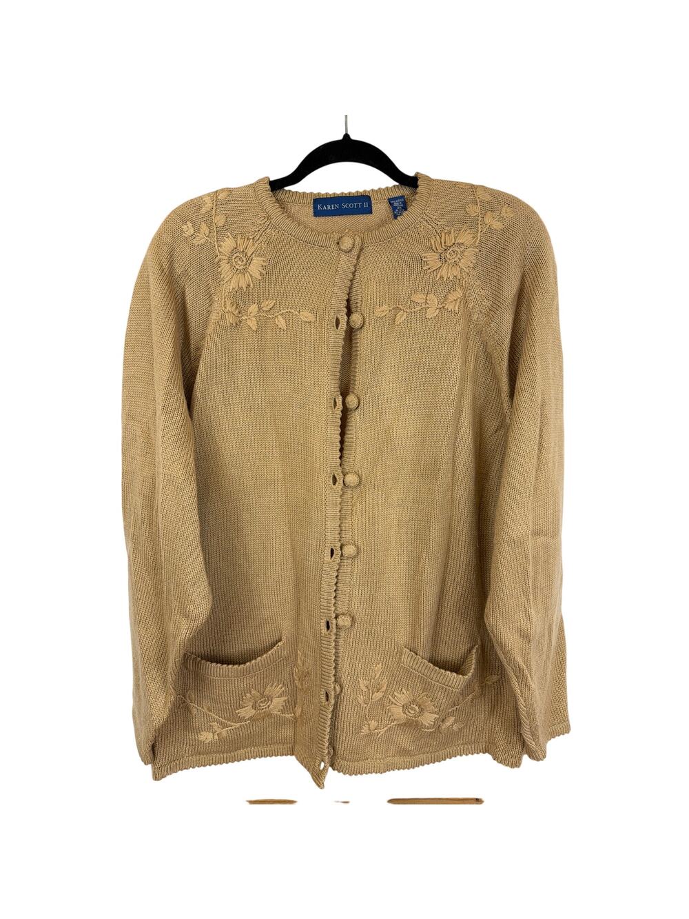 Vintage Y2K Karen Scott Tan Floral Embroidered Cardigan Sweater Size 2X